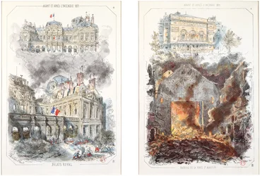 El Palais Royal y el Théâtre de la Porte Saint-Martin antes y después del incendio de 1871